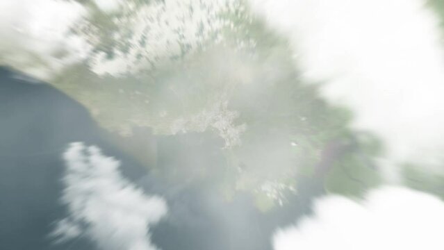 Earth zoom in from space to Limbe, Cameroon. Followed by zoom out through clouds and atmosphere into space. Satellite view. Travel intro. Images from NASA