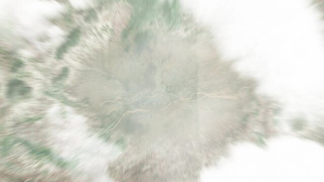 Earth zoom in from space to Maroua, Cameroon. Followed by zoom out through clouds and atmosphere into space. Satellite view. Travel intro. Images from NASA