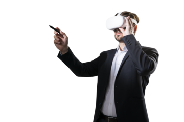 A businessman wearing a virtual reality headset, pointing with a stylus, on a white background, depicting technology concept
