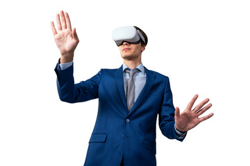 A man in a blue suit wearing a VR headset and reaching out with his hands against a white...