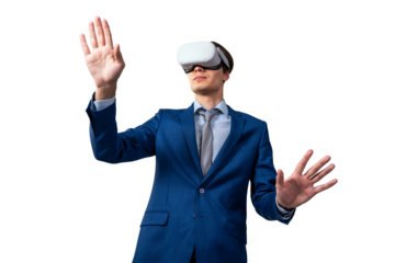 A man in a blue suit wearing a VR headset and reaching out with his hands against a white background, concept of virtual reality