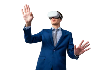 Poster A man in a blue suit wearing a VR headset and reaching out with his hands against a white background, concept of virtual reality © Who is Danny