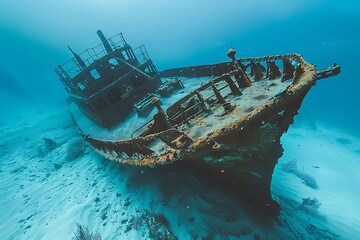: An abandoned, antique shipwreck, slowly sinking into the calm, blue ocean, with sea life reclaiming the metal structure - obrazy, fototapety, plakaty