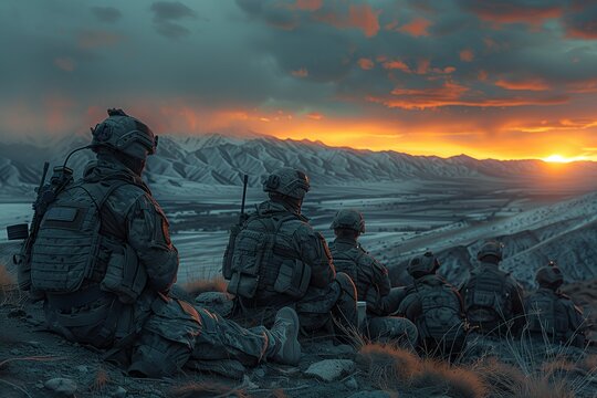 Silhouetted against a fiery sunset, a squad of special forces soldiers takes a moment to rest and survey the mountainous landscape before them.