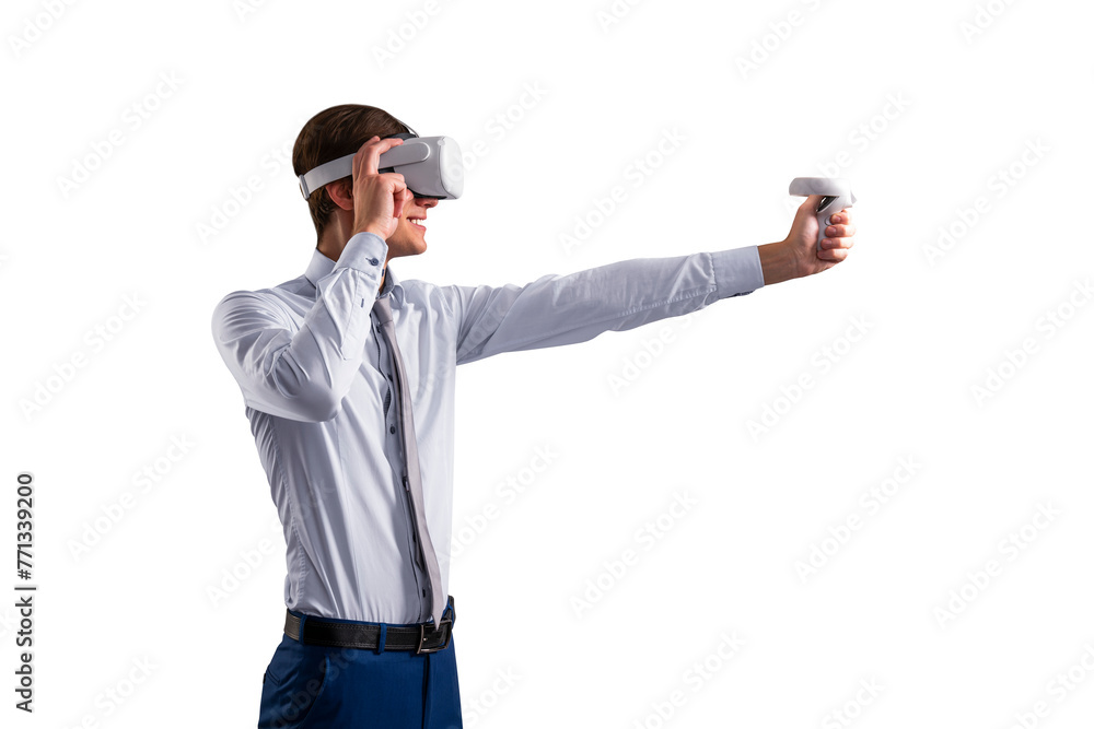 Poster a man in business attire using virtual reality headset and controller, isolated on white background,