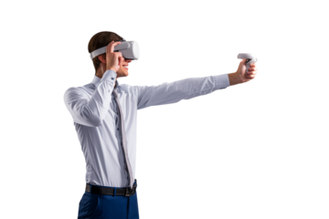 A man in business attire using virtual reality headset and controller, isolated on white background, depicting technology interaction