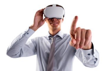 A man in a shirt wearing a virtual reality headset, pointing forward, isolated on a white background, depicting technology interaction