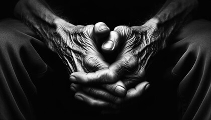 An elderly person clasps hands in a symbolic gesture of hope, prayer or contemplation. The black and white photograph highlights the intricate lines and wrinkles. AI generated. 
