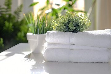 white towels and plants on a table with white towels in 0bfa2dff-b81b-451d-8c99-f61d8f4fec9b