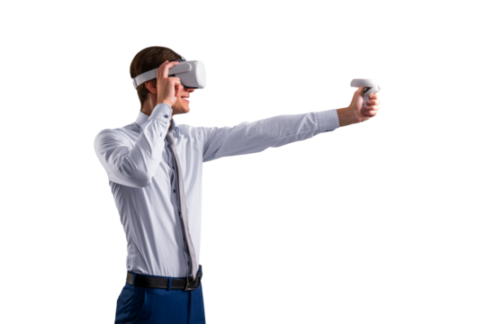 A man in business attire using virtual reality headset and controller, isolated on white background, depicting technology interaction