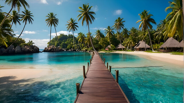Tropical resort hotel beach paradise. Amazing nature, coast, shore. Summer vacation, travel adventure. Luxury holiday landscape stunning ocean lagoon blue sky palm trees relax idyllic inspire panora