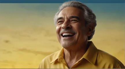 Fotobehang young hispanic elderly man on plain bright yellow background laughing hysterically looking at camera background banner template ad marketing concept from Generative AI © sevenSkies