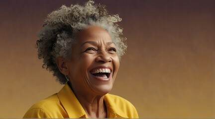 young jamaican elderly woman on plain bright yellow background laughing hysterically looking at camera background banner template ad marketing concept from Generative AI