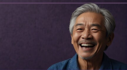 young japanese elderly man on plain bright purple background laughing hysterically looking at camera background banner template ad marketing concept from Generative AI