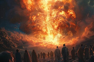 Elijah praying to God and causing fire to fall from heaven on the sacrificial altar facing the prophets of Baal, Generative AI