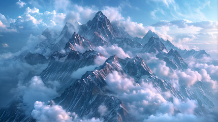 A snow-capped mountain peak peeks out from a sea of clouds - obrazy, fototapety, plakaty