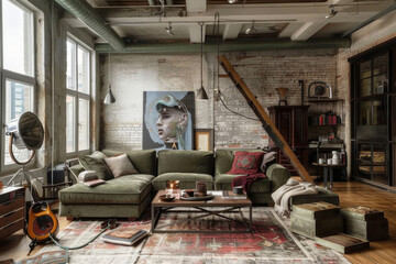 Modern French Green Vintage style loft interior and living room Mindful Living. - obrazy, fototapety, plakaty