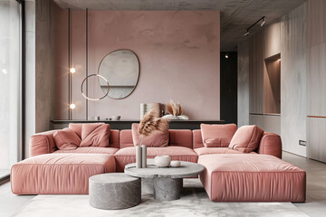 Modern Mid century blush Pink Contemporary style house interior Maximalist Design. - obrazy, fototapety, plakaty