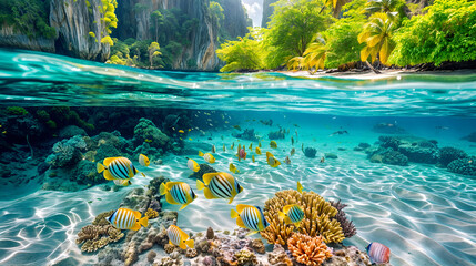 Fishes swimming around a coral reef in clear blue water
