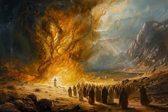 Gods appearance to Moses at the burning bush in the desert on Mount Sinai, Generative AI
