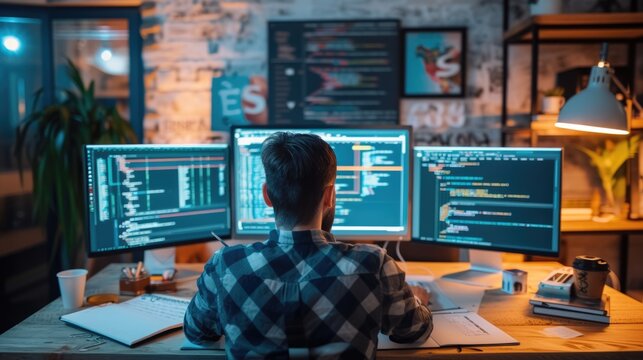 A focused software developer codes on a dual monitor setup in a modern office environment with a minimalist aesthetic. AIG41