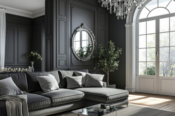 Modern Mid century Charcoal Gray Traditional style house interior and living room Biophilic Design.