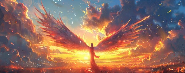 Panorama of a Gods celestial angel with open wings looking at the sunset, Generative AI - obrazy, fototapety, plakaty