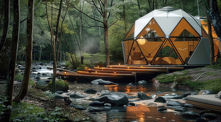 A geodesic dome tent with steel frame and glass windows, situated on top of wooden deck platform in the middle of small creek surrounded by trees. Generative AI. - obrazy, fototapety, plakaty