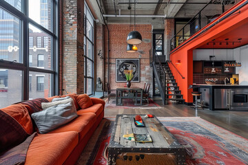 Modern Mid century Coral Industrial style loft interior and living room Hybrid Spaces. - obrazy, fototapety, plakaty