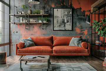 Modern Mid century Coral Industrial style house interior and living room Zen Spaces. - obrazy, fototapety, plakaty