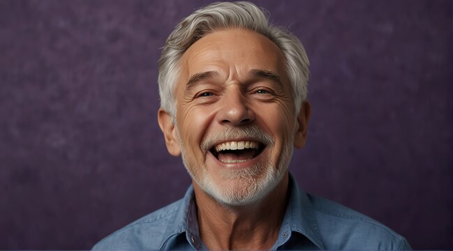 young white elderly man on plain bright purple background laughing hysterically looking at camera background banner template ad marketing concept from Generative AI