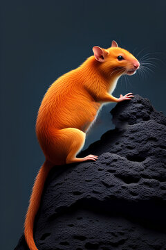 A fiery red rat on a black volcanic lava rock, wild animal mamal rodent, rato chuha image 