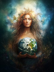 Cosmic goddess in space and in the background is planet earth. - 771340218