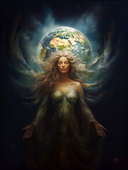 Cosmic goddess in space and in the background is planet earth. - 771340222