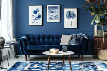 Modern Mid century Navy Blue Retro style house interior and living room Sustainable Design. - obrazy, fototapety, plakaty