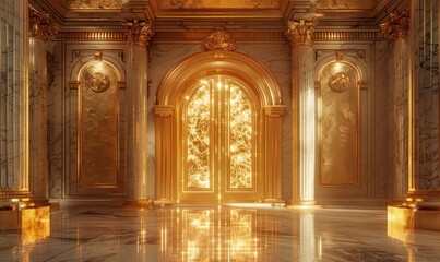 Background of a golden door made of pure solid gold in a luxurious environment, Generative AI - obrazy, fototapety, plakaty