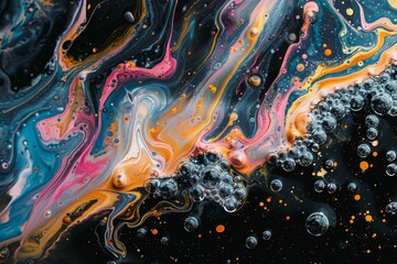 Obraz na płótnie Canvas Colorful paint swirls and droplets on surface. This image captures a vibrant mix of colorful paint swirling together, creating a dynamic and fluid abstract pattern with droplets scattered throughout 