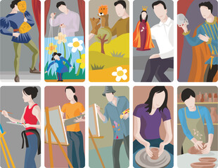Obraz premium Art professions vector illustrations, collection of artistic, creative and hobby occupations. Diversity of theater actors, painters and potters at work.