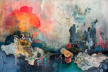 : An abstract mixed-media piece with textured elements