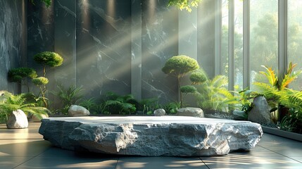 A huge stone tabletop in the room without green plants, Tabletop reflects incoming sunlight, sunny. Generative AI.