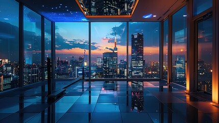 Outside the floor to ceiling windows of high-rise buildings and urban night view. Generative AI.