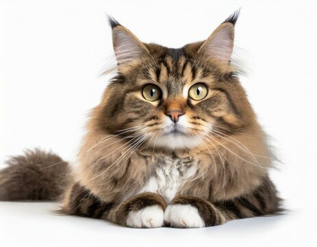 Siberian cat lying down, isolated against a white background