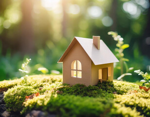 An eco-friendly paper house on moss in a garden, surrounded by green grass and sunlight. This nature-inspired design represents an environmentally conscious approach to housing