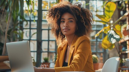 A manager sitting at desk in creative bright office. Young stylish woman with curly hair using laptop computer in marketing agency. Generative AI.