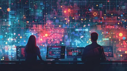 Two cybersecurity professionals attentively monitor complex data networks, analyzing cyber threats in a high-tech control room environment.