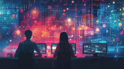 Two cybersecurity professionals attentively monitor complex data networks, analyzing cyber threats in a high-tech control room environment. - obrazy, fototapety, plakaty