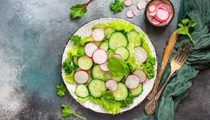 Obraz na płótnie Canvas Vegan vegetarian healthy fresh vegetable salad of green lettuce radish and cucumber Healthy vegetarian food Spring salad Top view flat lay. Creative Banner. Copyspace image