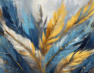 Vintage illustration with feathers, blue and gold brushstrokes. Textured background. Oil on canvas....