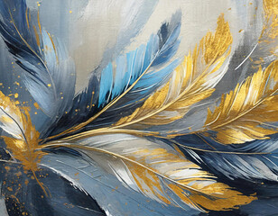 Vintage illustration with feathers, blue and gold brushstrokes. Textured background. Oil on canvas....