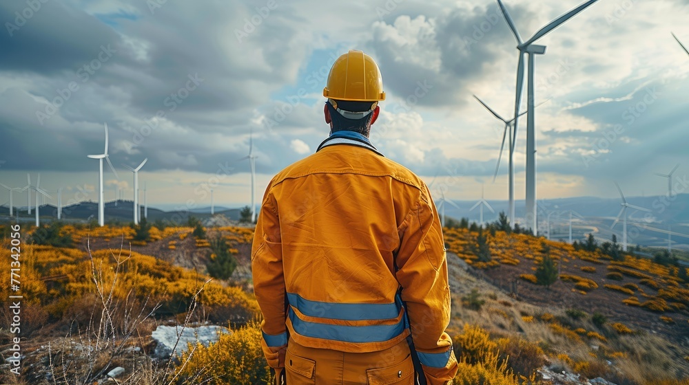 Poster Renewable energy source, Engineer standing in a field at a wind farm. Generative AI.